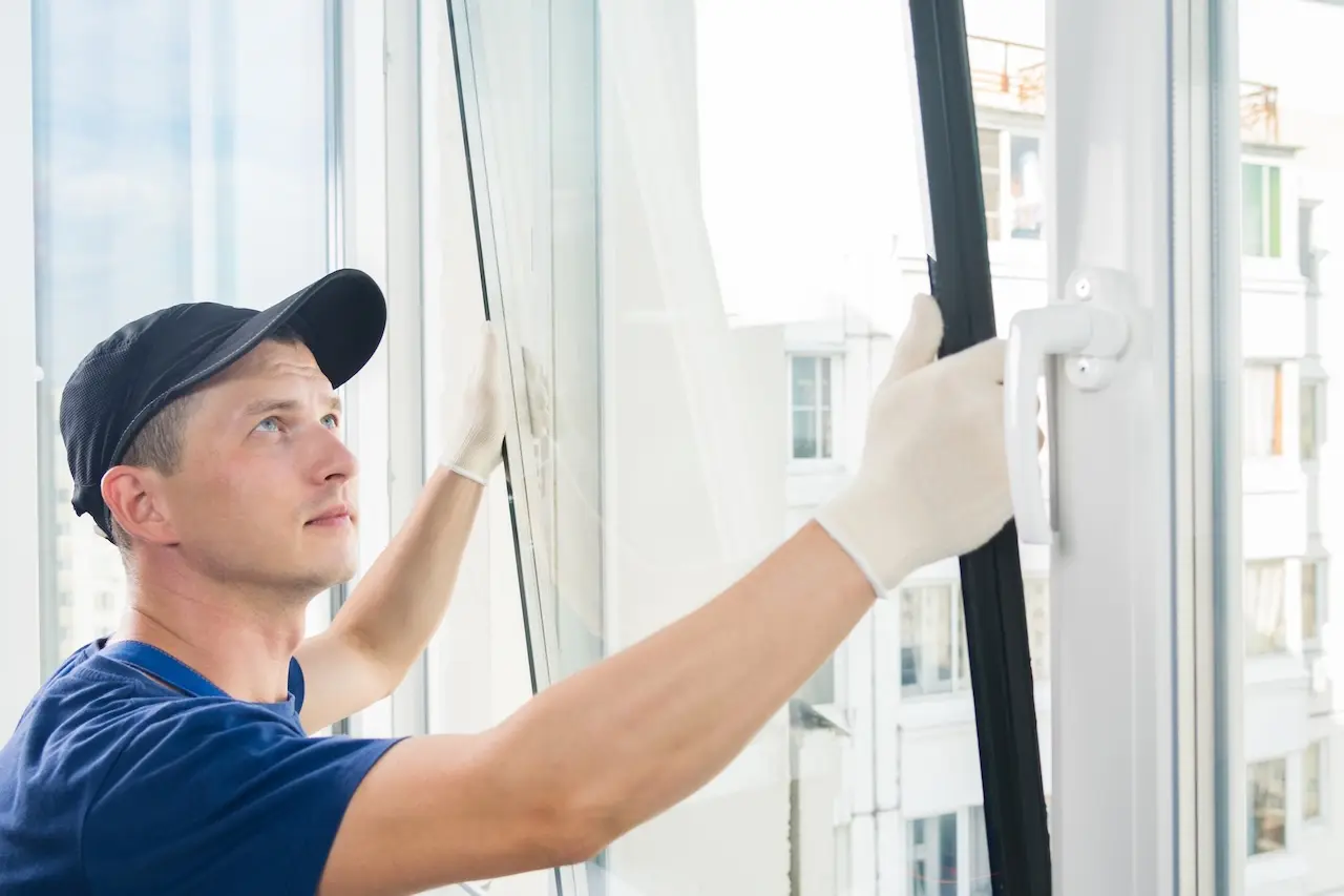 Professional technician repairing broken window glass with modern replacement solution