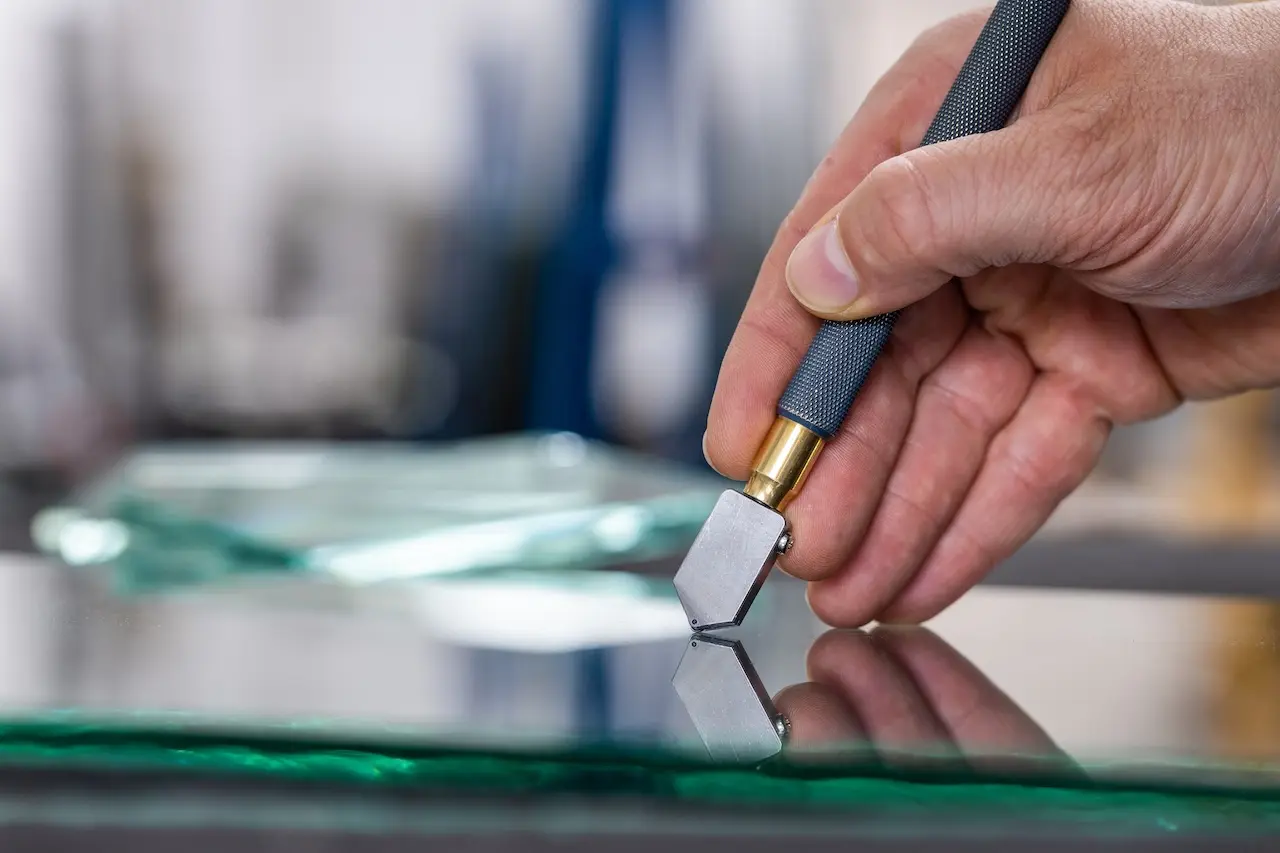 Close-up of a glazier's hand when he cuts glass