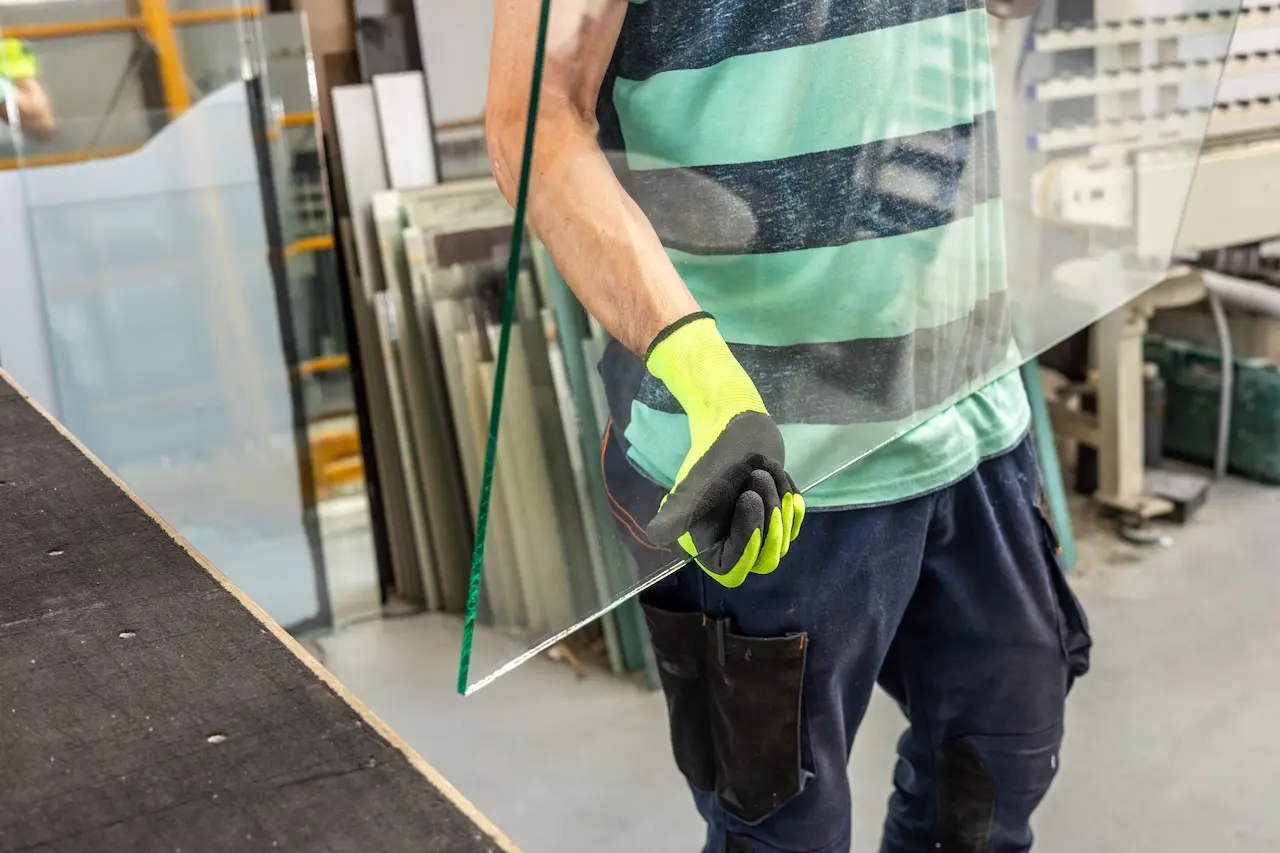 Professional glass technician handling a cut glass panel with safety gloves inside a workshop.
