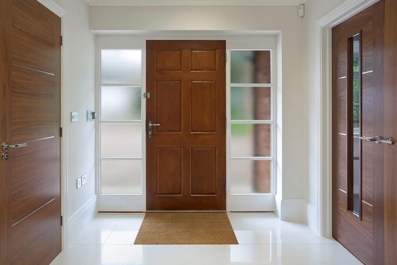 Large oak panelled front door of a house with frosted glass windows on either side
